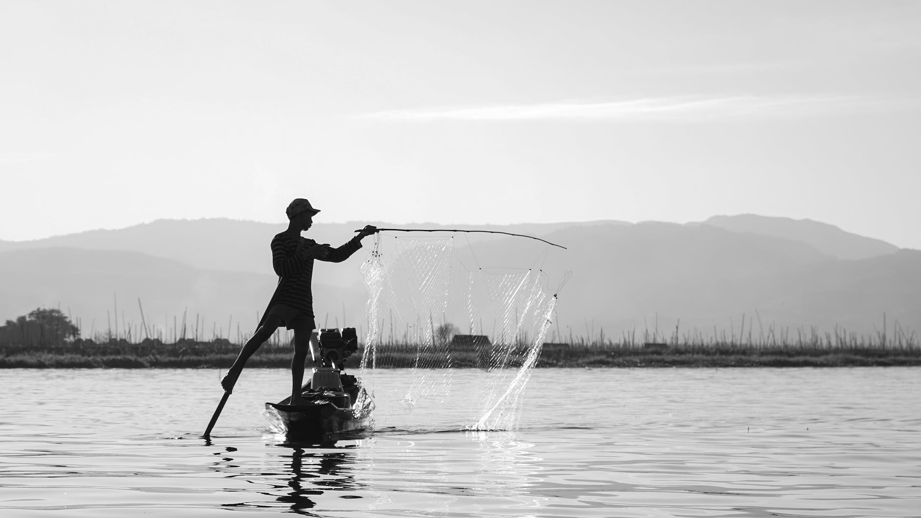 a grayscale of a boy fishing with a net